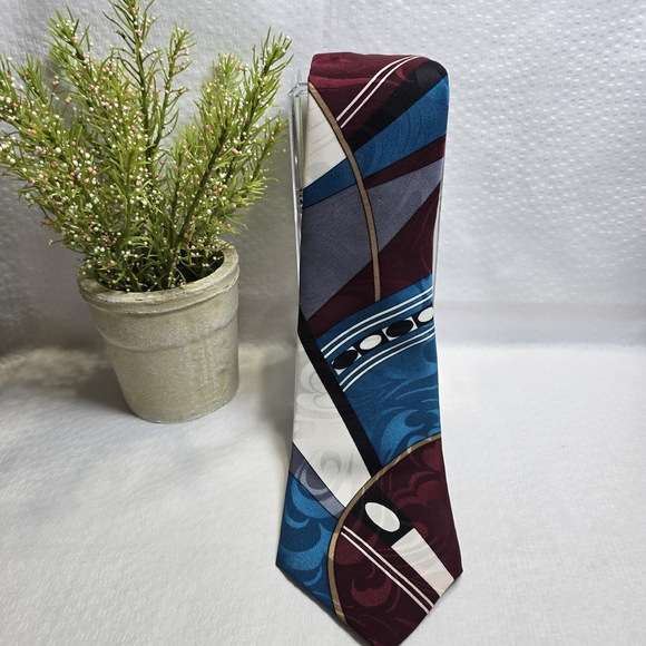 Ketch Mebs Tie Abstract Pattern Blue Black Crimson White - Picture 1 of 6